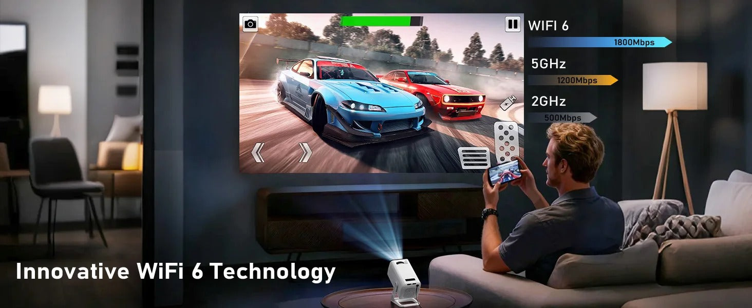 Mini Projector 1080P/4K Supported, WiFi 6 & Bluetooth 5.4, Android TV Short Throw Portable Beamer for Home Theater Outdoor Movie